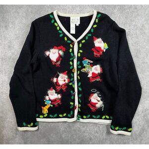 MCX Signature Vintage Womens Large Ugly Christmas Cardigan Sweater Santa Black